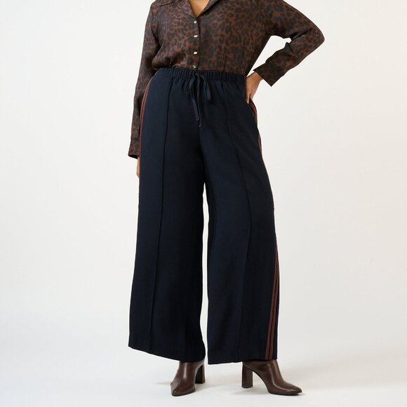 Estelle Pants - NWT Estelle Jesse Navy Wide Leg Pants Brown Side Stripe Drawstring 16W